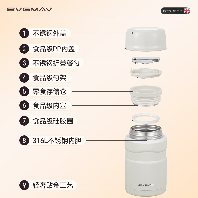 宝威玛（BVGMAV）焖烧杯大容量保温饭盒316高档焖烧壶燕窝银耳羹杯焖烧罐保温饭盒 【买一送三】雅士白520ml