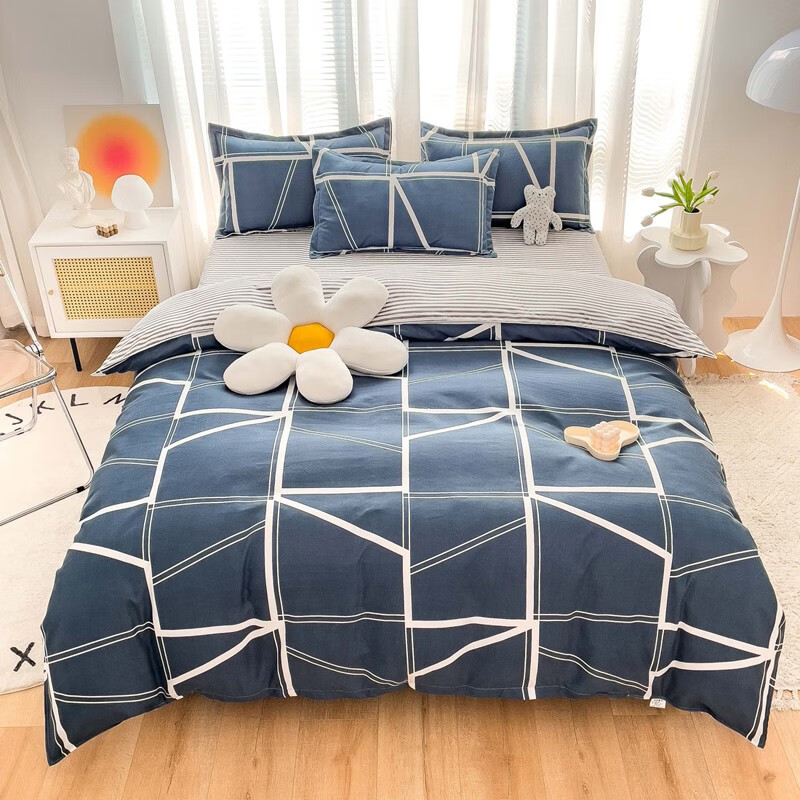 多兰诗（Duolanshi）磨毛四件套 小清新ins卡通田园花卉床上用品套件 几何方块 2.0米 床单款 被套200*230