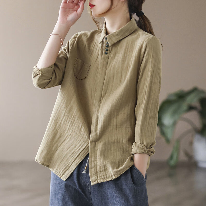 凡普斯尚(fanpusishang) 素订棉麻女装素素文艺复古双层棉纱刺绣衬衫