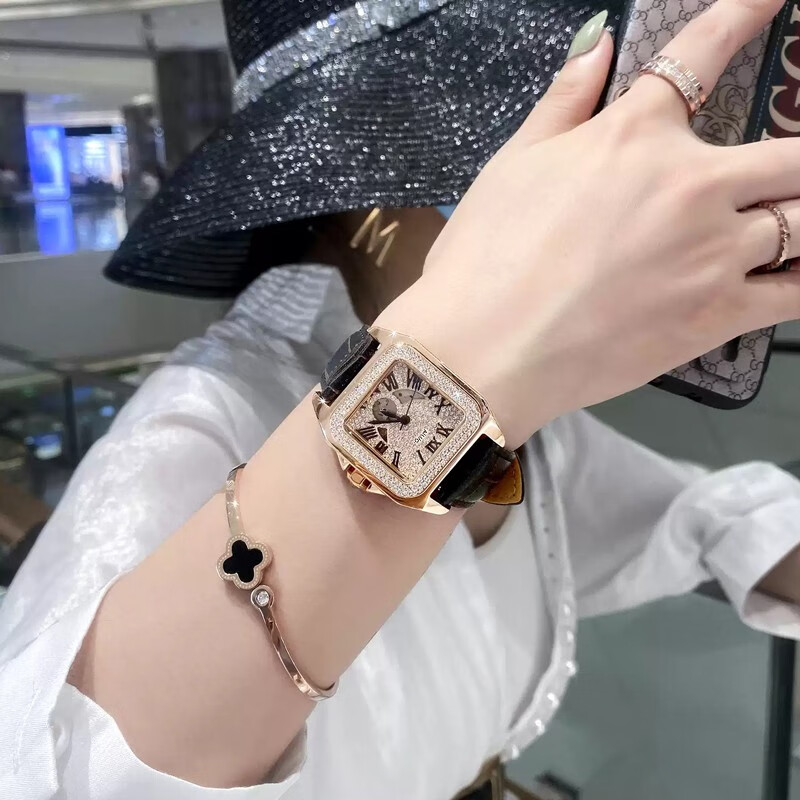艾诺（AILUO）女士手表机械表全自动方形满天星镶钻女表实用走心高档生日礼物 玫金黑皮 L6153