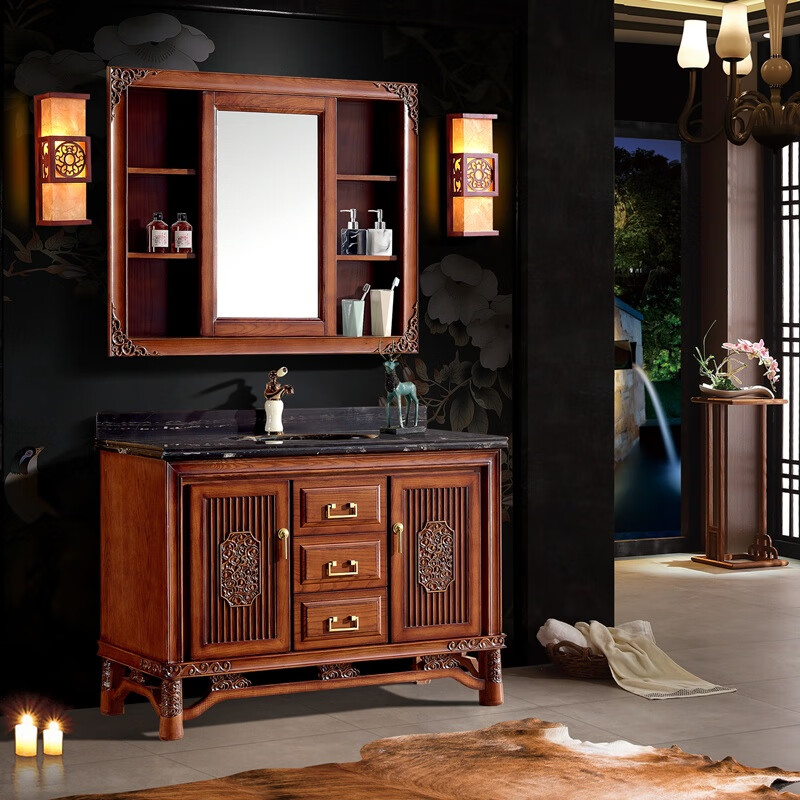 拜伦皇廷卫浴仿古新中式红橡木浴室柜组合卫生间洗脸盆洗漱岩板一体