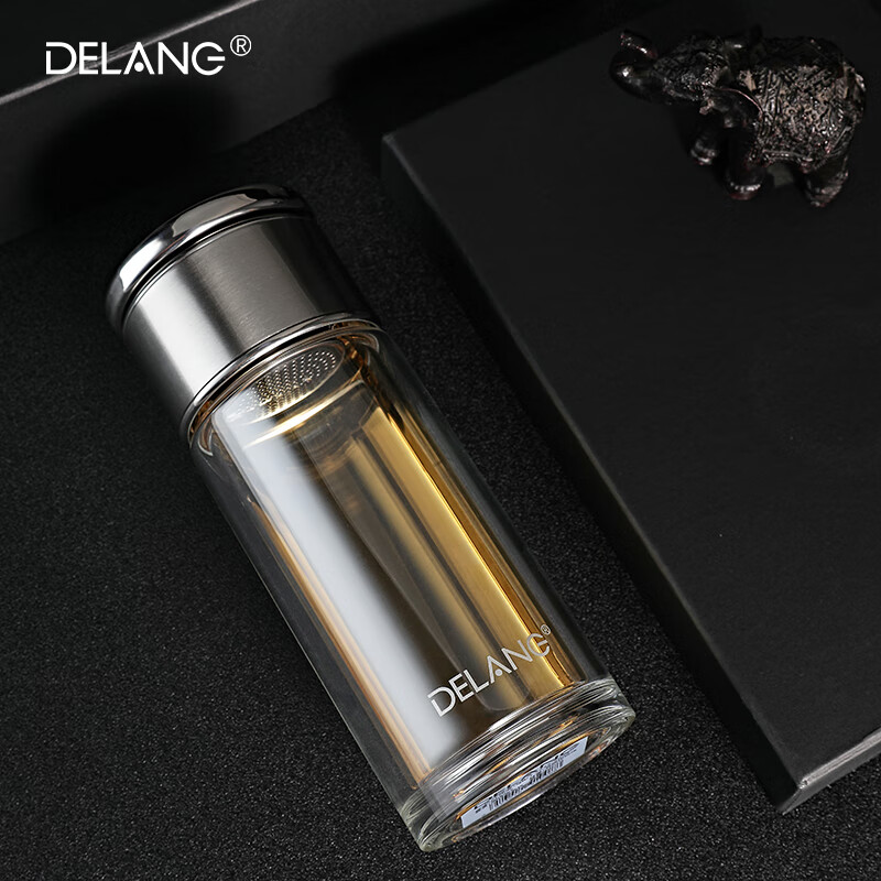 德琅(DELANG)水杯双层玻璃杯商务办公玻璃杯 茶水分离杯8006-本钢色-礼盒装