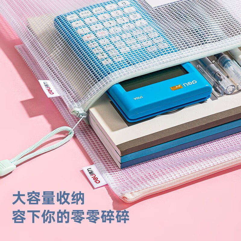 得力(deli)网格拉链袋文件袋学科袋学科分类收纳透明档案中小学生科目试卷收纳装作业文具A4大容量 【10个装】双色系-透明标签款