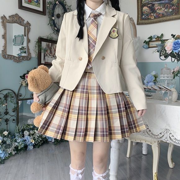 拉曼咔日系学院风JK西装外套秋冬正版原创制服女学生校供感西服套装全套 杏色一粒扣+长袖白衬衫+山吹+小 XL【建议110~120斤】怎么看?