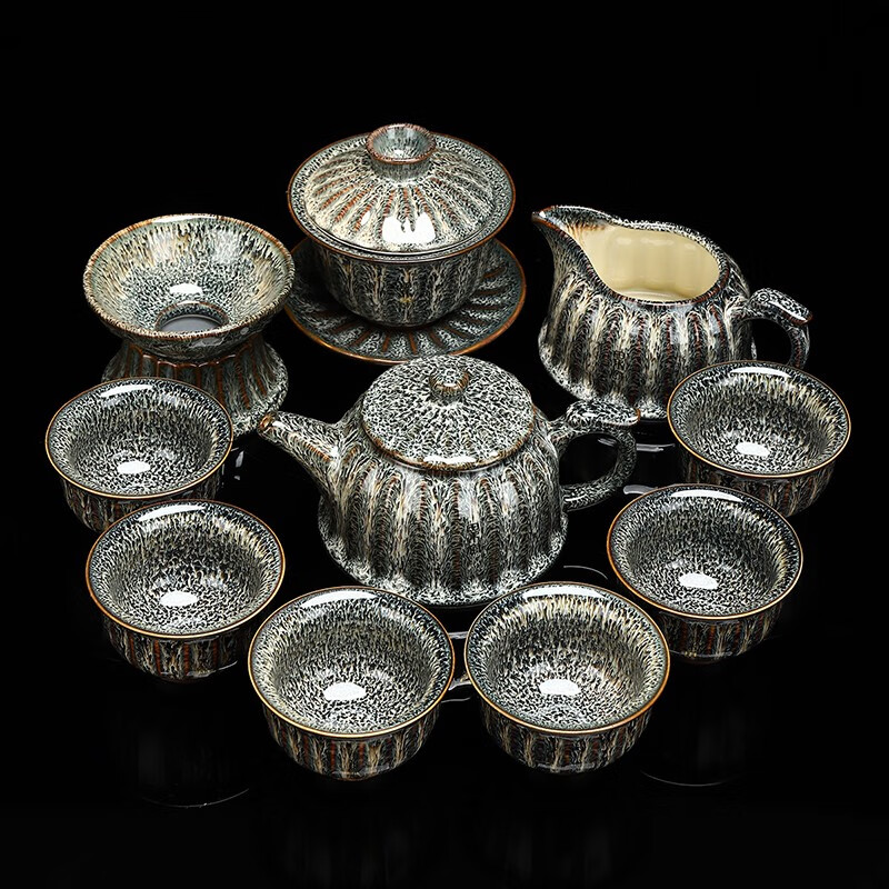 俱欣陶瓷泡茶壶茶杯家用办功夫茶具盖碗田禾窑建盏茶具套装 11头田禾