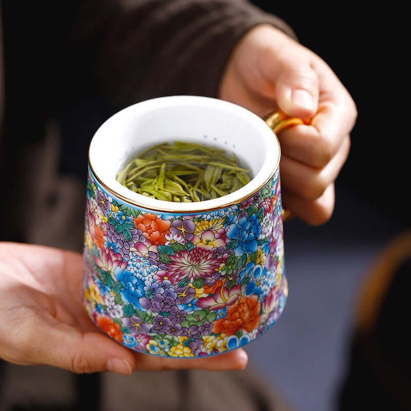 裂均景德镇陶瓷万花珐琅彩办公杯茶杯茶水分离杯子家用带盖茶漏中式大 直升杯