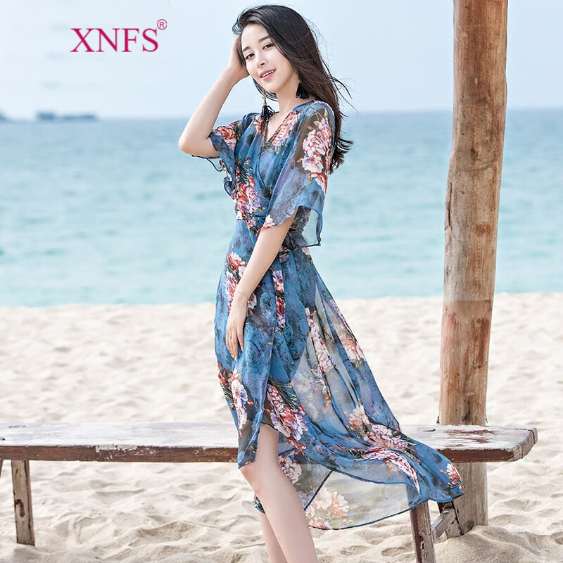 XNFS轻奢品牌高端女装 雪纺连衣裙中长款夏季新款2021沙滩裙海边度假波西米亚修身长裙 蓝色印花 M