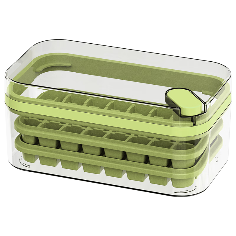 SUNCHA 双枪 冰块模具家用冰箱自制冰格食品级按压式储冰盒冻冰块神器 按压冰盒-绿色双层64格