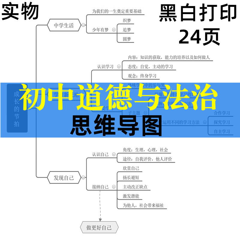 初中道德与法治思维导图重点归纳 政治知识点总结拉杆夹24页黑白
