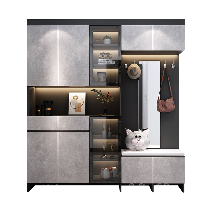百意空间进门鞋柜一体靠墙家用门口玄关柜简约现代门厅柜轻奢大容量收纳柜 L1深灰色+岩石白长1200*深350*高2200