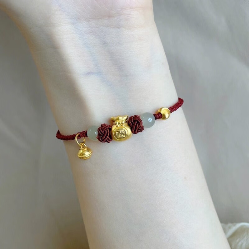 oidsg老凤凰黄金足金小福袋手链铃铛吊坠编织手绳金招财纳福手串送