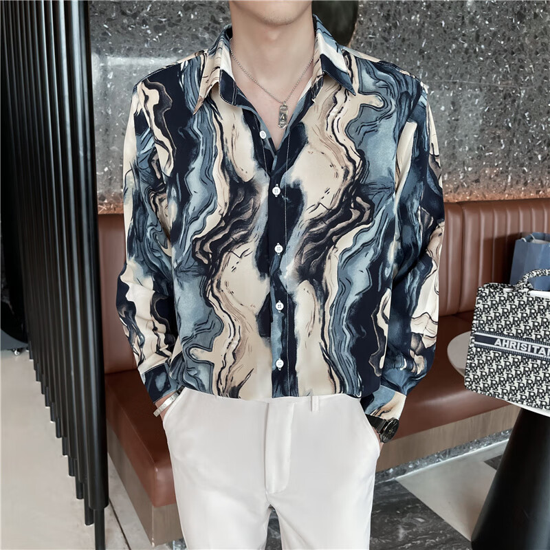 慕幕设计感水墨扎染花衬衫男感缎面凉感男士长袖衬衣轻熟风格男装