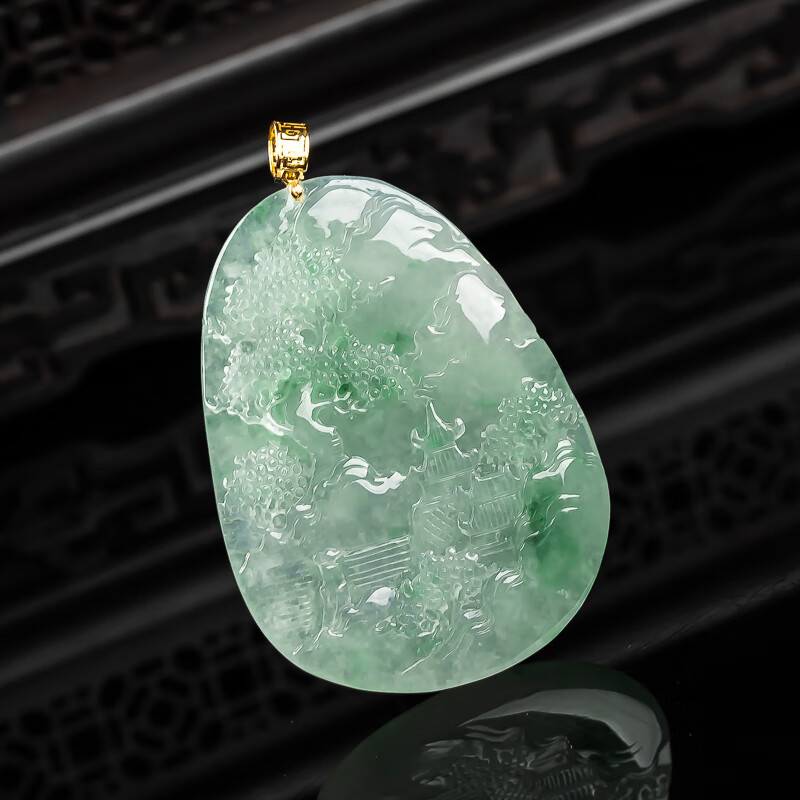 唯玉美【珠宝严选】18k金扣头镶嵌翡翠山水牌吊坠送家人带证书 16.84g