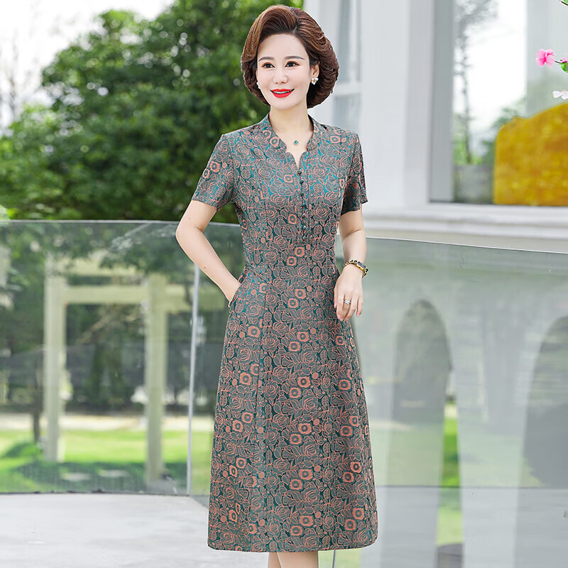 spraying夏装短袖连衣裙40岁50洋气仿高贵女裙子 绿色 xl 建议110斤