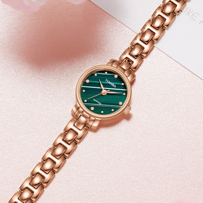 天霸石英手表女ins风小绿表轻奢时尚手链表防水女表7023 玫瑰金绿色