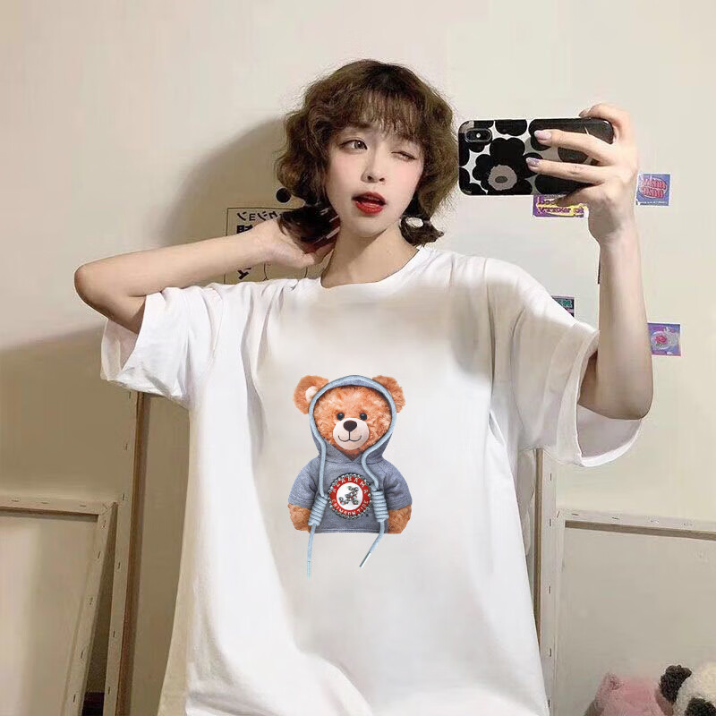 【100%纯棉】慧伴 夏季新款小熊大码短袖T恤 女款