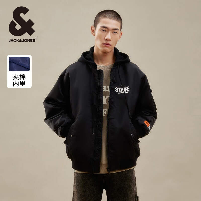 杰克·琼斯（JACK&amp;JONES）25年秋冬男装棉衣飞行夹克男保暖宽松潮流连帽短款棉服外套男士 黑色E40 M 175