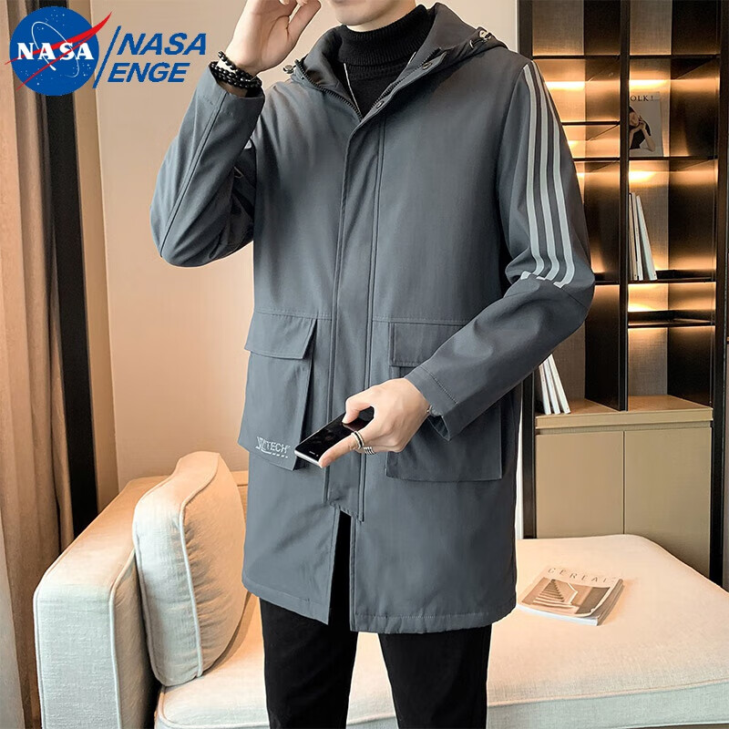 NASA ENGE风衣男中长款春秋派克服大衣青年加大码肥佬260斤休闲冲锋衣外套 灰色 L