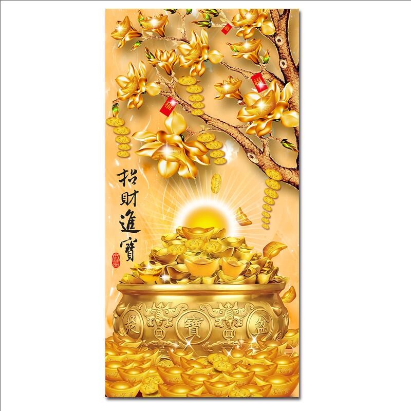招财进宝聚宝盆入户玄关装饰画客厅摇钱树发财树自粘墙贴画挂画 y232