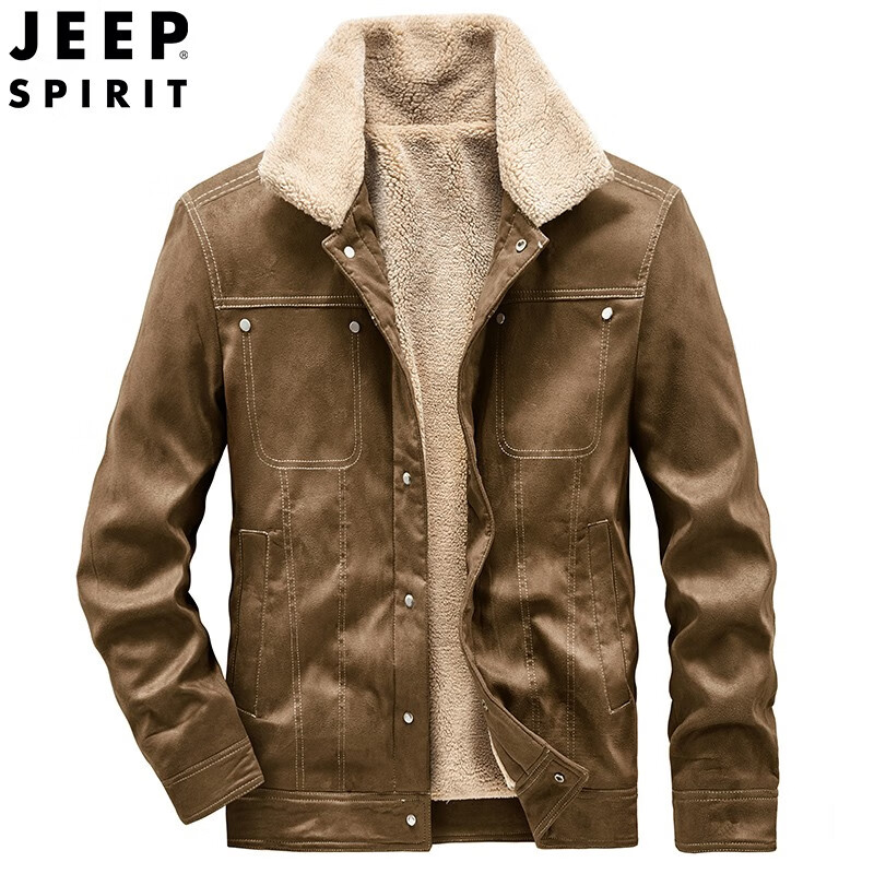 jeep吉普加绒麂皮夹克男士秋冬季时尚休闲百搭加绒加厚羊羔绒保暖宽松