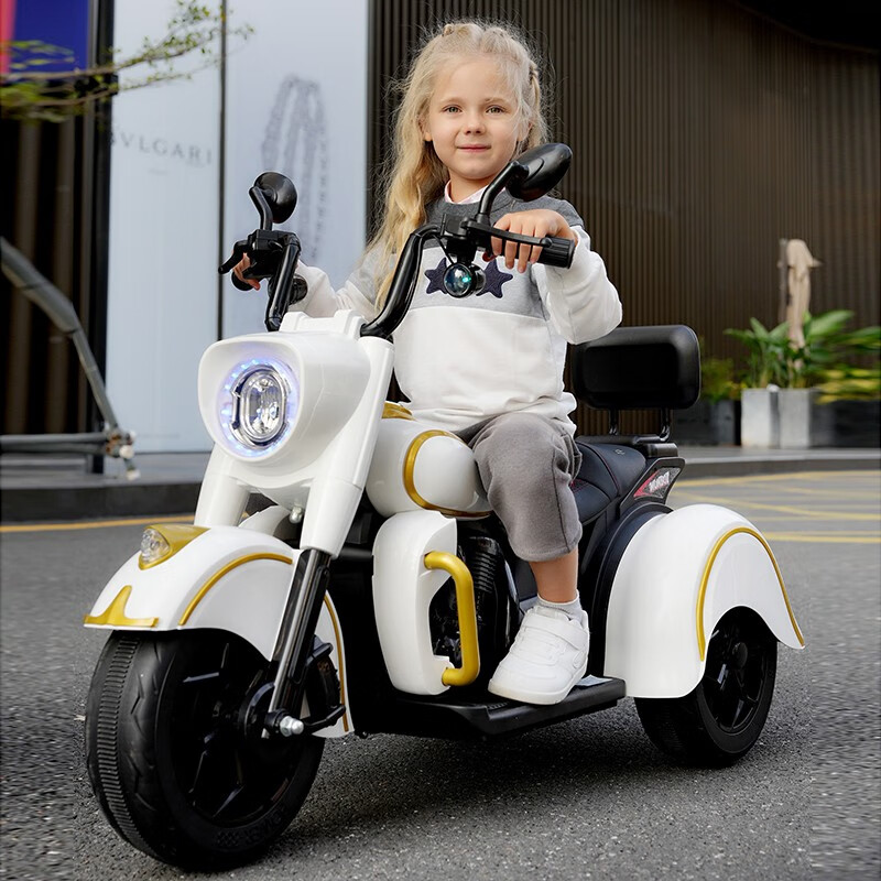 明允（MUNBOT）儿童电动摩托车小孩可坐大人带宝宝电瓶车男女双人亲子充电摩托车 高配白+皮座+脚踩油门 外观