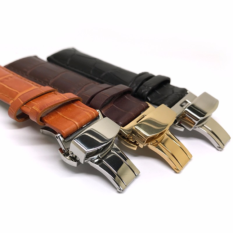 欧格利（Aurgelly）双按蝴蝶扣皮表带男士手表带手表配件卡西表带适用浪琴天梭牛皮 蝴蝶扣黑色皮带-20mm