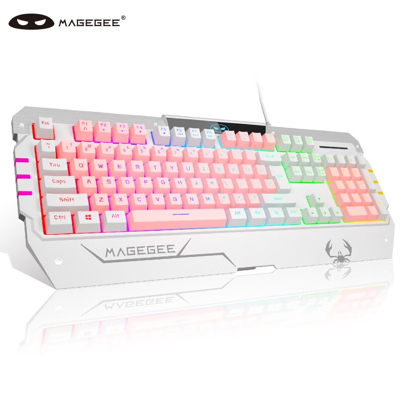 MageGee GT817 机械手感键盘 RGB背光游戏键盘带手托 USB有线薄膜键盘 台式笔记本电脑办公键盘 白粉色