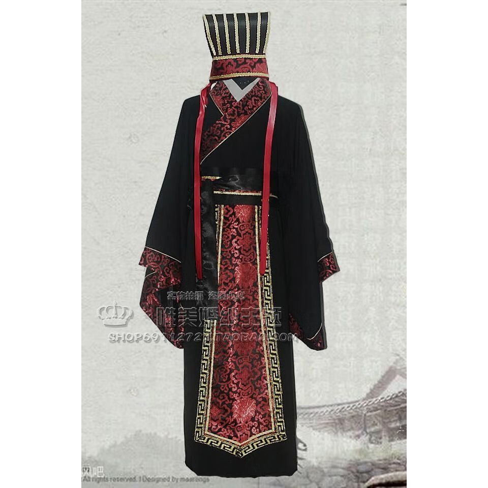 洛必達(dá)古裝 男漢服 唐裝秦朝春秋戰(zhàn)國(guó)三國(guó)臣子官服漢朝大臣古代演出服裝 黑色不帶帽子 3XL