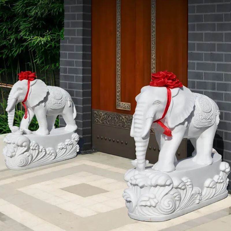 汉白玉石象一对家用大门口石雕大象摆件户外庭院石材门墩抱鼓石 汉白玉浪花款高50cm一对