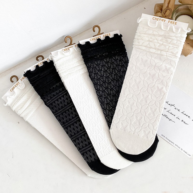 伦洛弗袜子女ins潮中筒堆堆袜镂空花边长袜薄款夏季日系jk黑白5双装