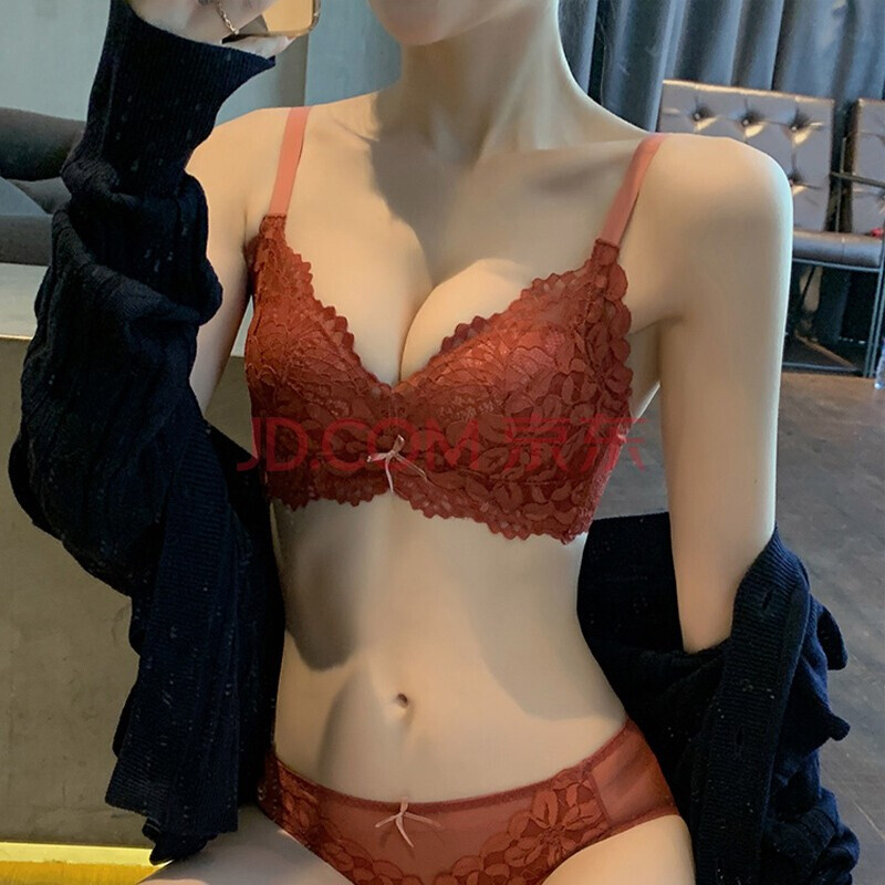 女文胸套装无钢圈少女小胸聚拢收副乳透气胸罩 酒红色( 套装) 80b/36b