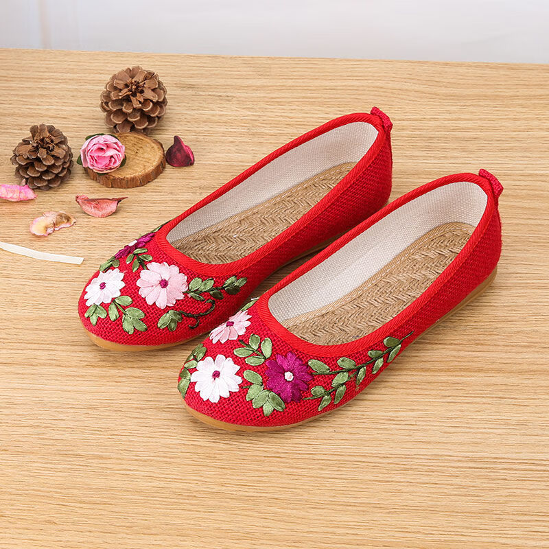 布鞋民族风绣花鞋手工妈妈平底鞋丝带绣汉服 1613红色 34码标准尺码