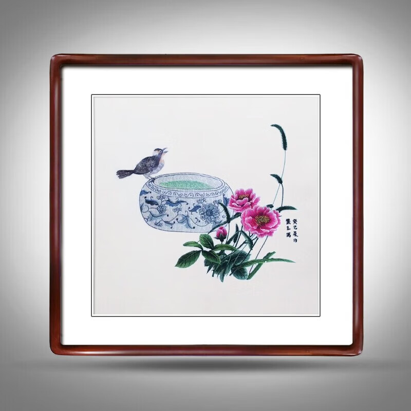 堂三彩湘绣客厅画苏绣餐厅装饰画花卉挂画刺绣画成品新中式沙发背景墙
