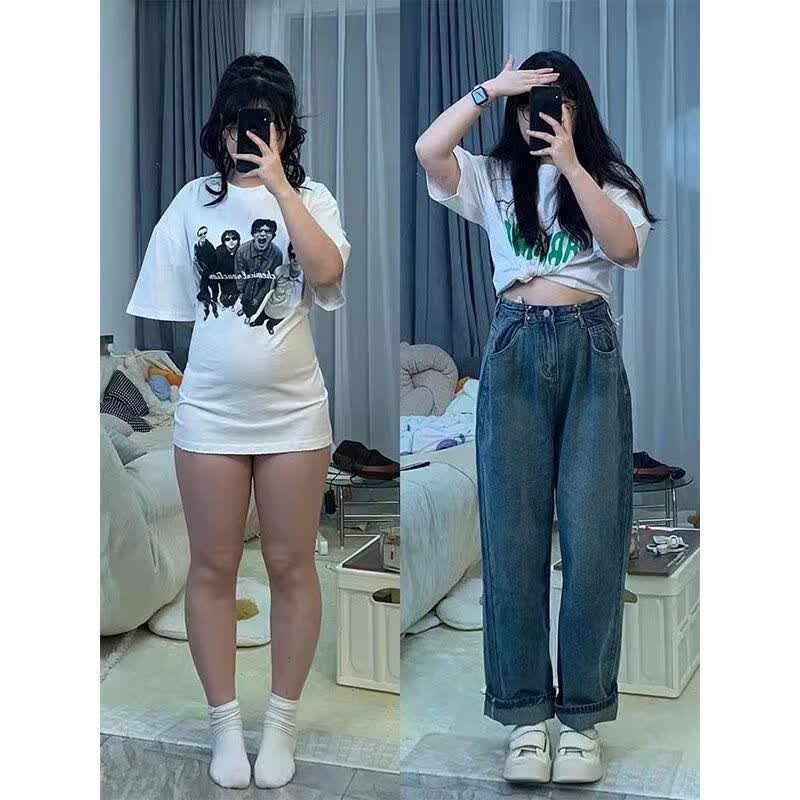 乔趣猫夏天胖女生穿的大腿粗牛仔裤大码大码高腰显瘦阔腿牛仔裤女胖mm