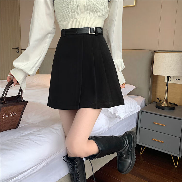 倍安伦配靴毛呢半身裙女士加厚保暖裙子秋冬季可调节带松紧毛呢高腰百