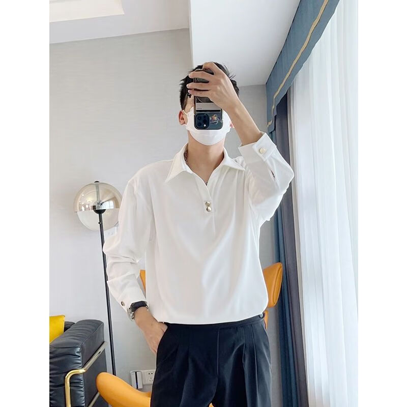 西服穿的立领衬衫男套头衬衫男长袖韩版宽松潮流帅气2023 白色衬衫 m