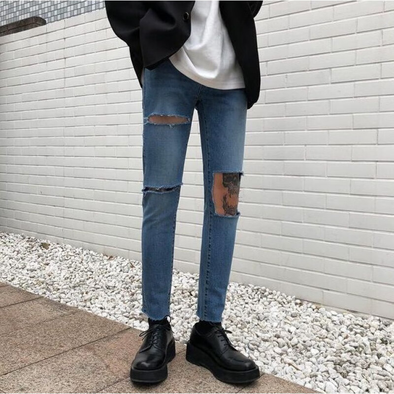 德朔潮流破洞紧身牛仔裤2021夏季手工剪破膝盖大破洞牛仔裤百搭修身小