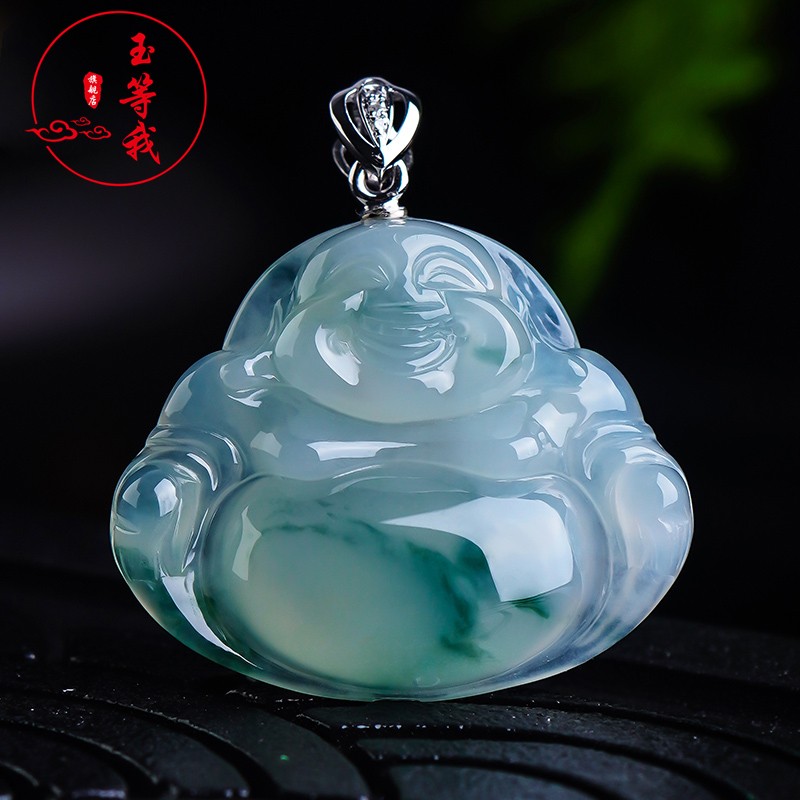 玉等我  翡翠冰种飘花佛公吊坠女玉弥勒佛玉坠18k金镶 翡翠冰种