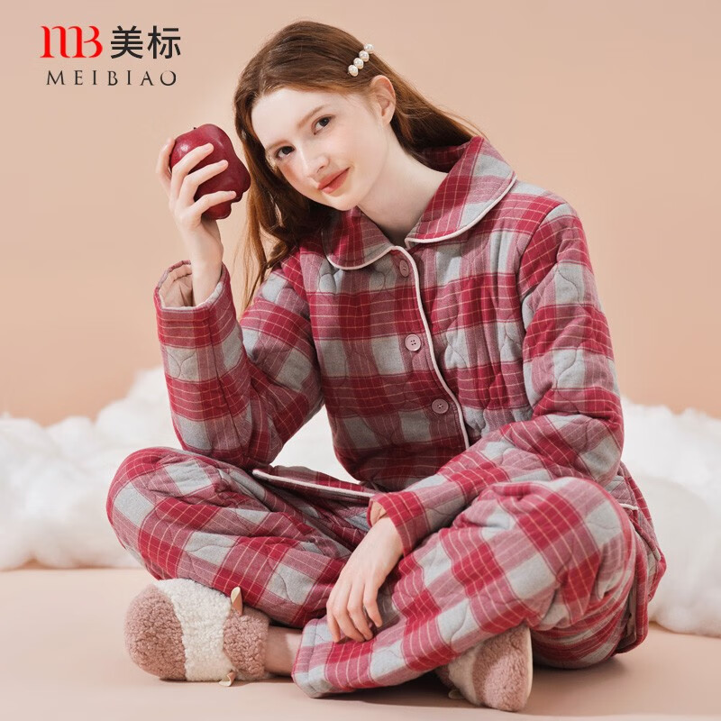 美标商场同款三层加厚夹棉纯棉睡衣套装女秋冬保暖全棉格子红色家居服 铁锈红 L (165/88A)