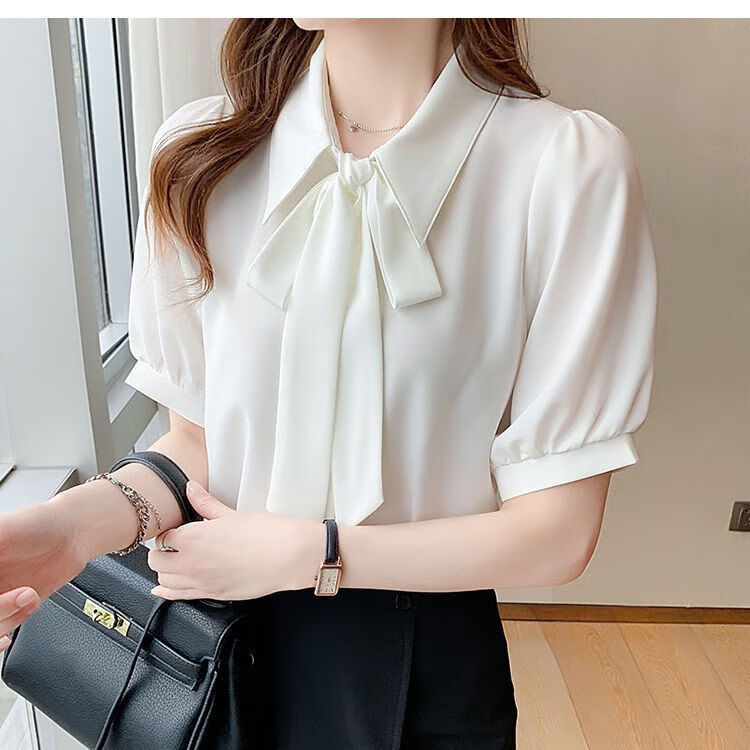 冉同女士衬衣带领结雪纺蝴蝶结衬衫女蝴蝶结系带雪纺衬衫女短袖2023夏