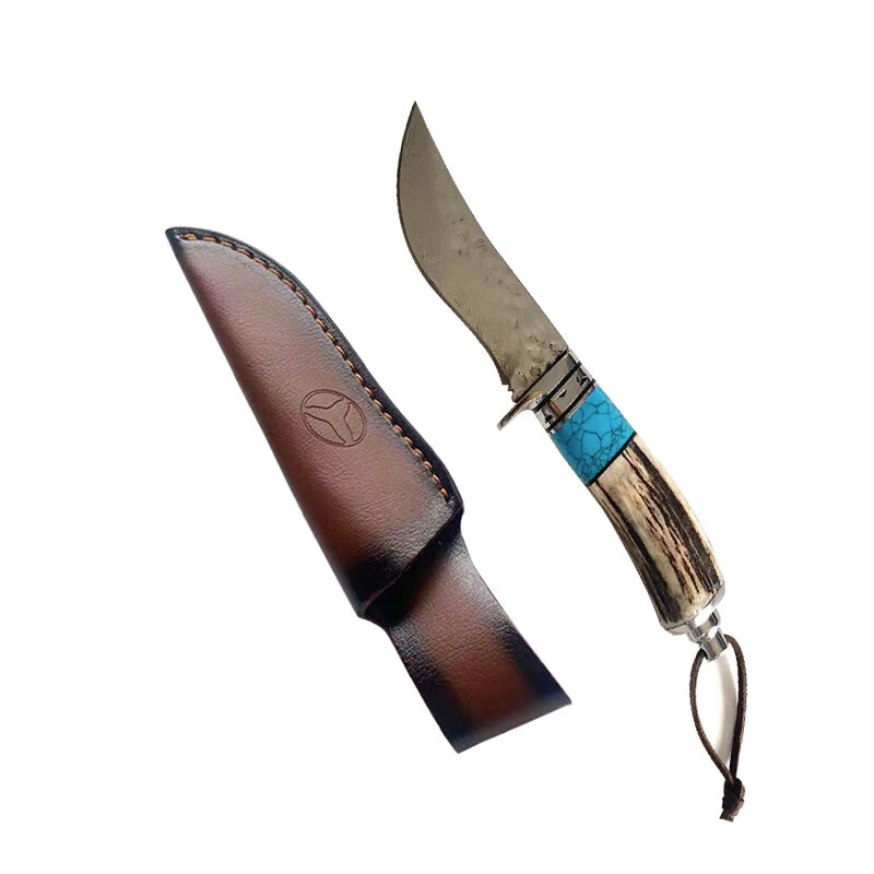 大马士革钢高硬度手工刀天然鹿角柄户外求生刀随身携带 鹿角大马弯刀