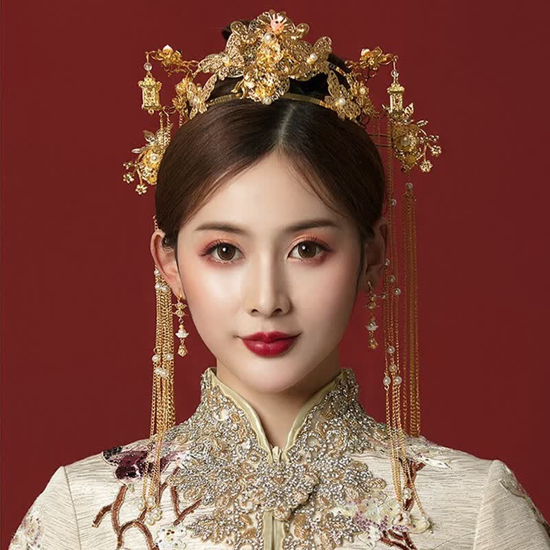 红妆诺新娘秀禾头饰秀禾服凤冠饰品古风结婚简约中式服古装金色发饰套装 新娘秀禾头饰套装 -耳夹款高性价比高么？