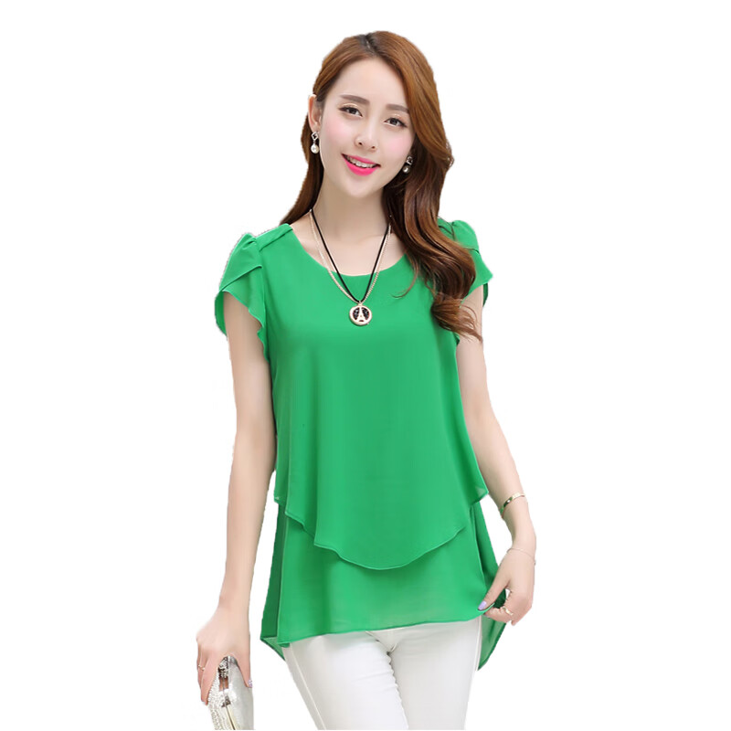 索宛亦(suowanyi)【夏季藏肉神器】大妈女装胖m中长款修身显瘦雪纺衫