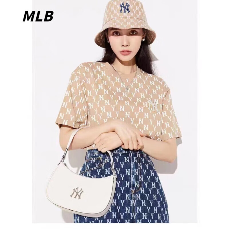 MLB韩国代购 男女新款腋下包复古老花满印字母大logo单肩包 纽约洋基队/奶油色 均码