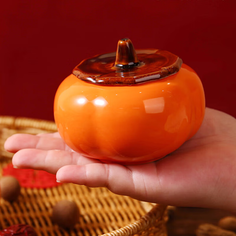 古朴堂陶瓷茶叶罐柿柿子如意罐陶密封罐迷你小茶罐多功能收纳罐储