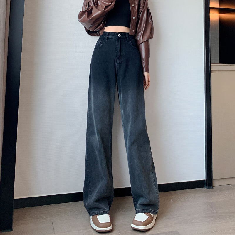 紫伶语 时尚渐变色阔腿牛仔裤女新款高腰显瘦宽松裤子春季 黑渐变 m