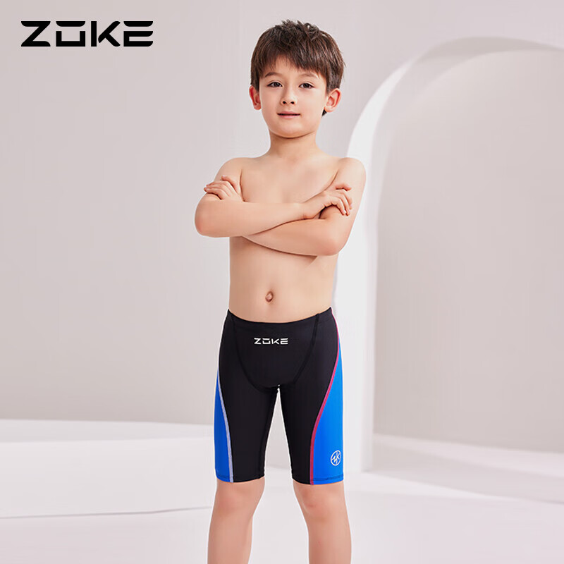 洲克（ZOKE）儿童泳衣男童五分专业训练健身运动速干游泳裤122626887黑色/彩兰
