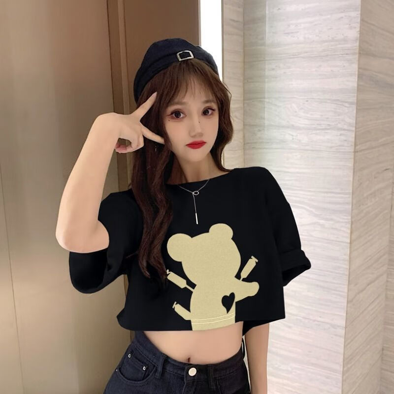 丰课(fengke)女生露肚脐短上衣辣妹爵士舞露腰纯棉夏季新款韩版白色