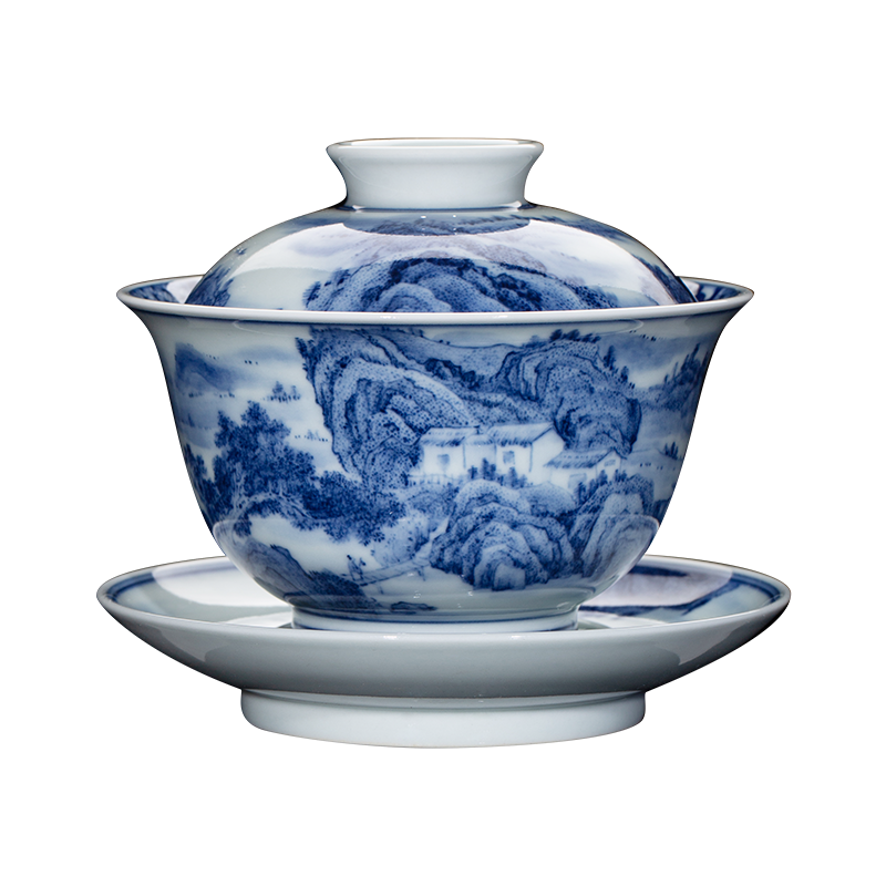 鐘家窯鐘家窯蓋碗茶杯景德鎮(zhèn)高端蓋碗單個手工青花柴窯點工山水泡茶蓋碗