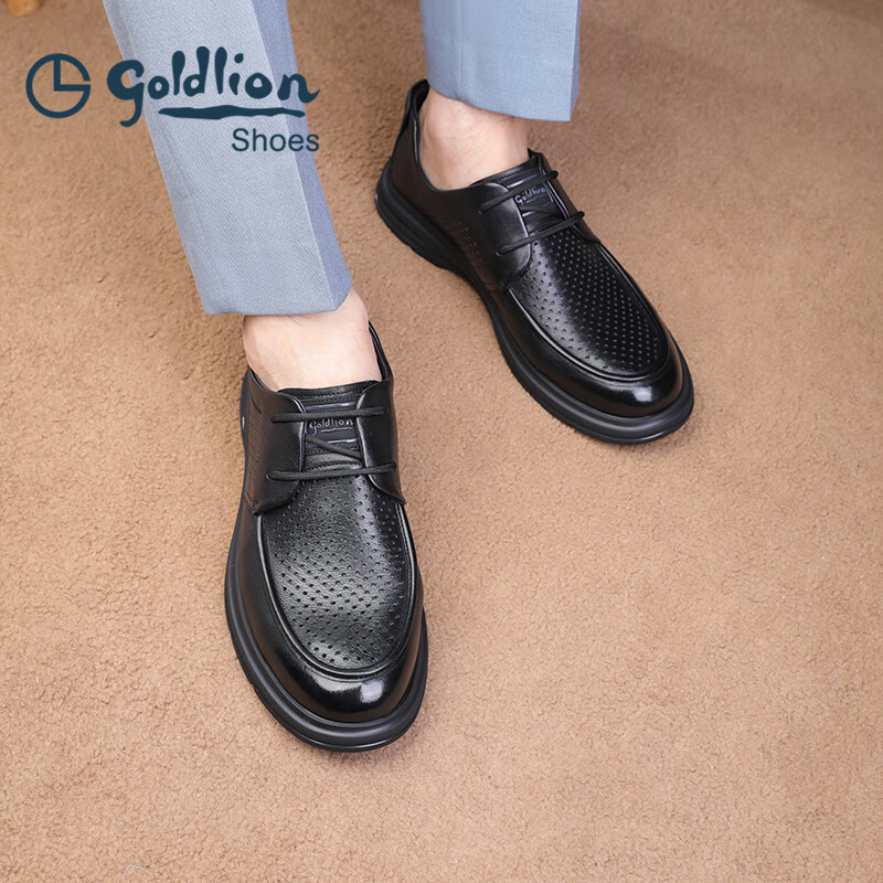 金利来（Goldlion）凉鞋男鞋皮鞋男夏季休闲鞋冲孔透气驾车休闲皮鞋男士皮鞋 黑色 42